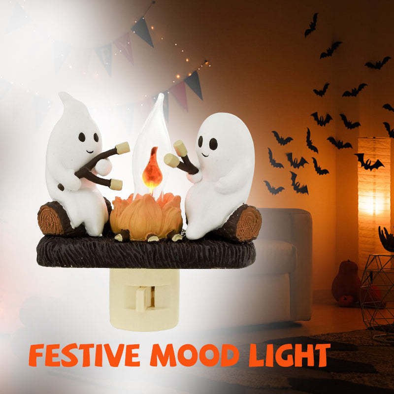 2024 Ghost Campfire Flickering Nightlight 2 Ghosts Roasting Plug Wall Spooky Fire Marshmallow Night Light For Halloween Decor