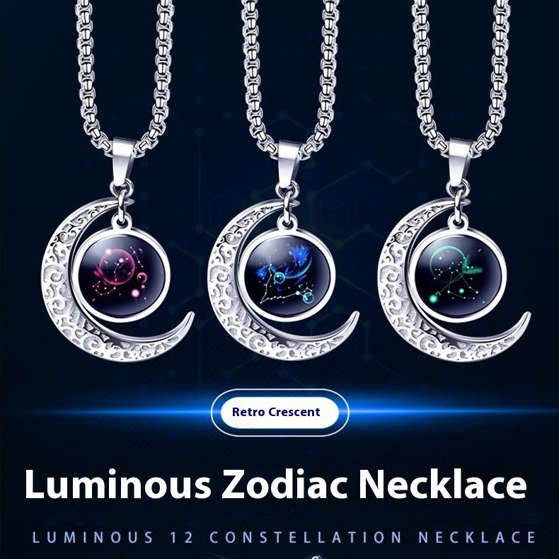 12 Constellation Moon Star Glowing Necklace Charm Jewelry Women Pendant Hollow Luminous Stone Pendant Necklace Gift