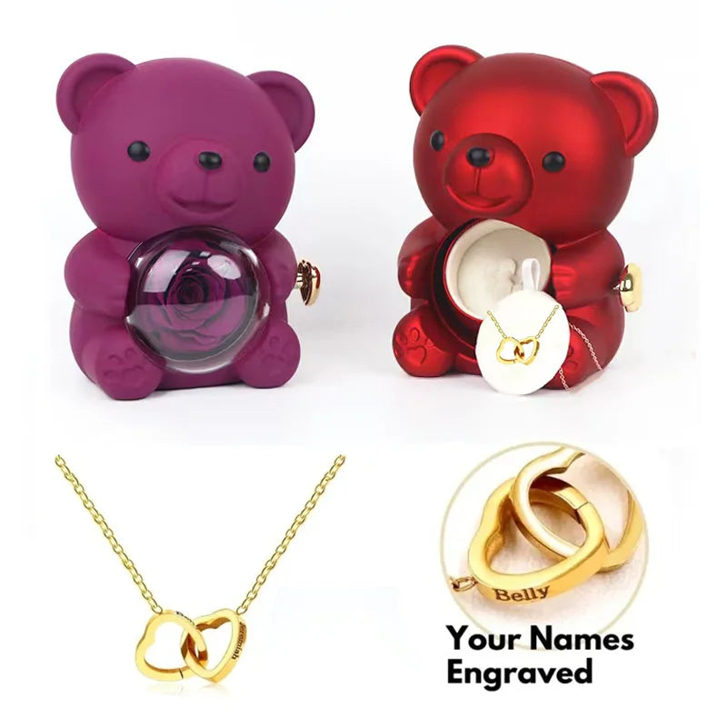 Customize Name Double Heart Necklace With Rotating Bear Eternal Rose Jewelry Box For Mom Girl Valentine's Day Christmas Gifts